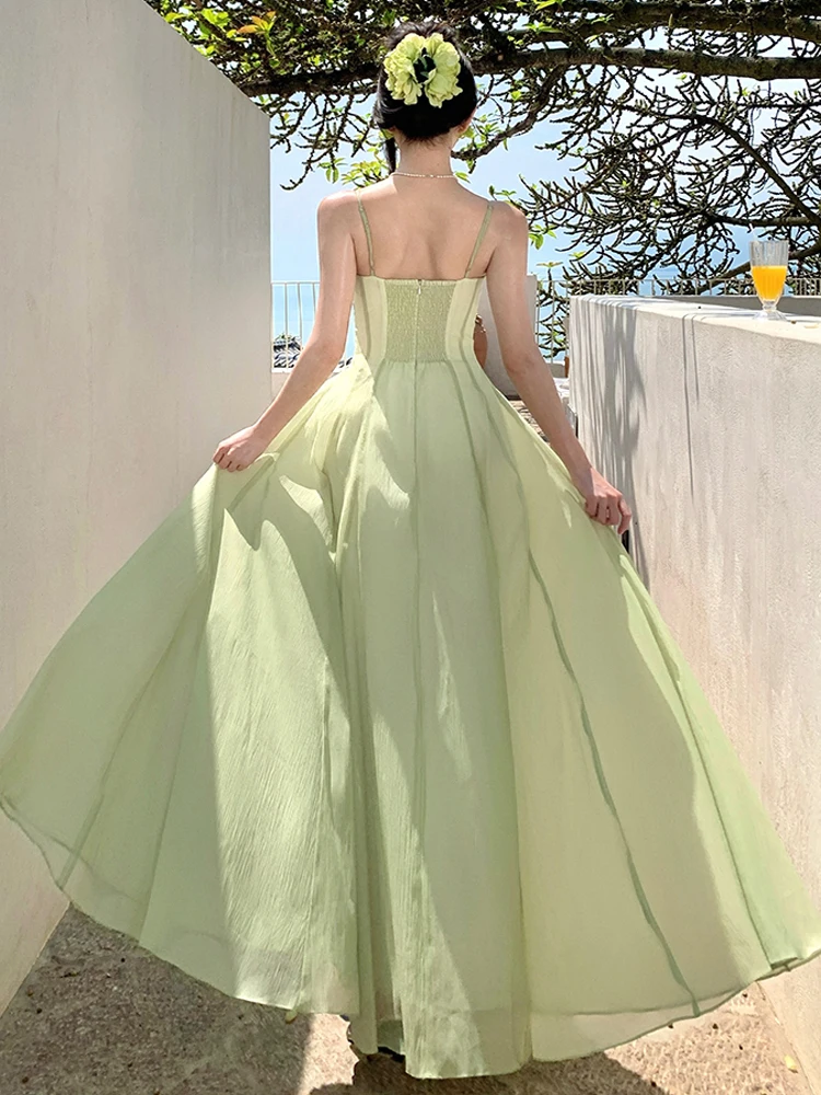 Summer Boho Holiday Maxi Dress 2025 Elegant Women's Sexy Sling Backless Slim High Waist Vintage Green Long Dresses Vestidos