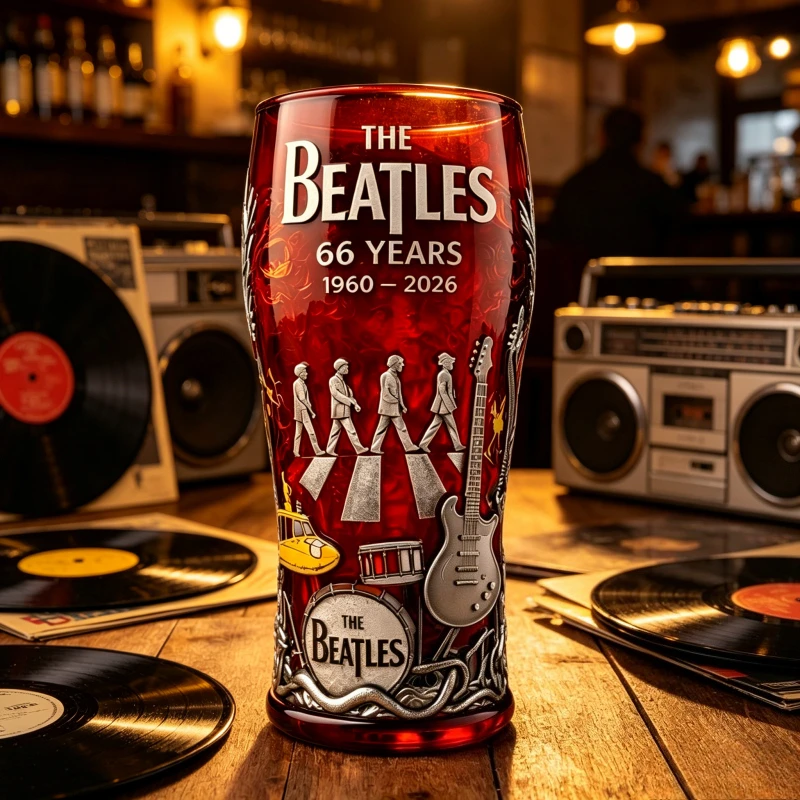 The Beatles Beatles 66th Anniversary Embossed Glass, Red Vintage Collectible Beer Mug