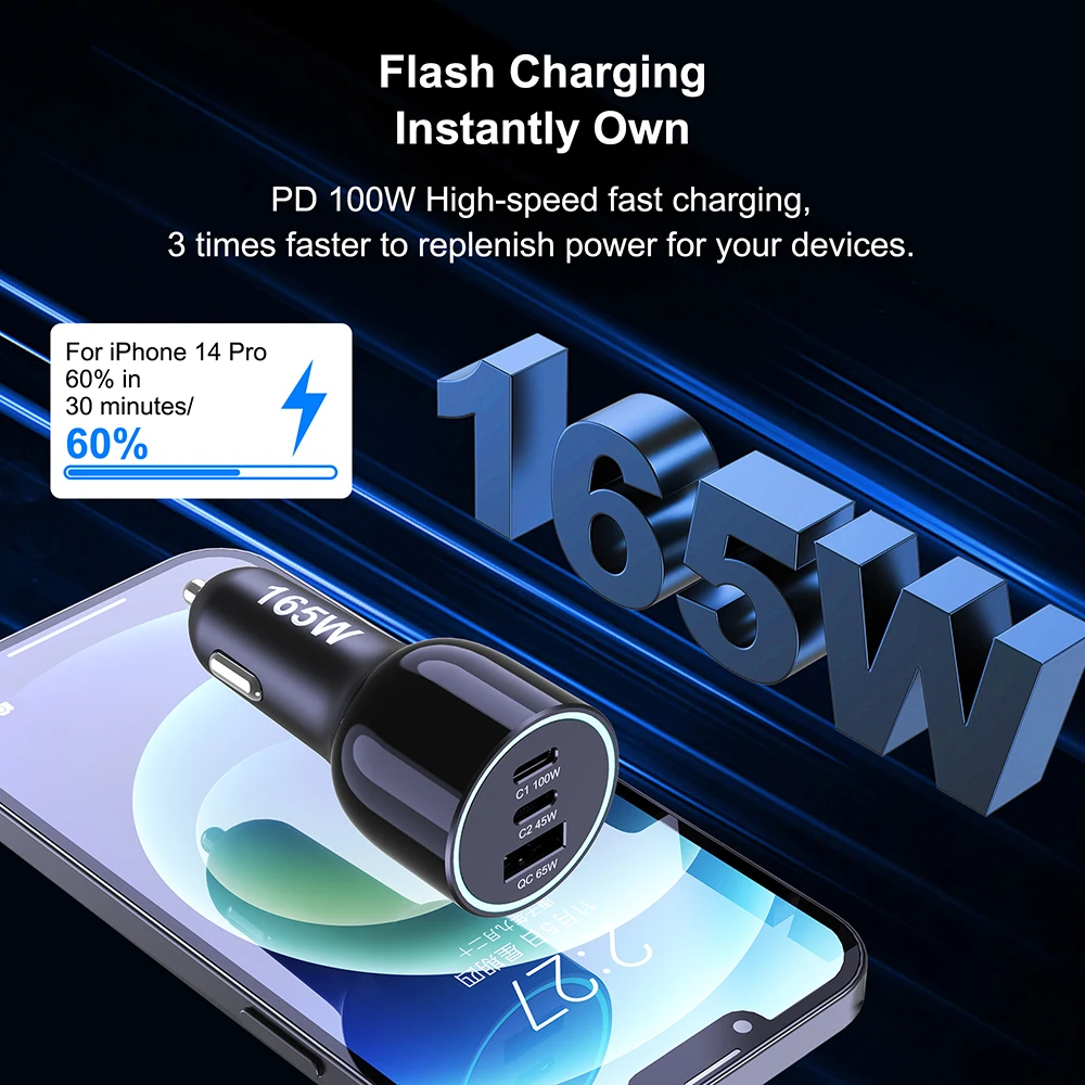 URVNS 165W Car Charger PD 100W Quick Charge QC5 QC3.0 Fast Charging for iPhone 15 14 13 12 Pro Max Samsung Xiaomi Phone Laptop