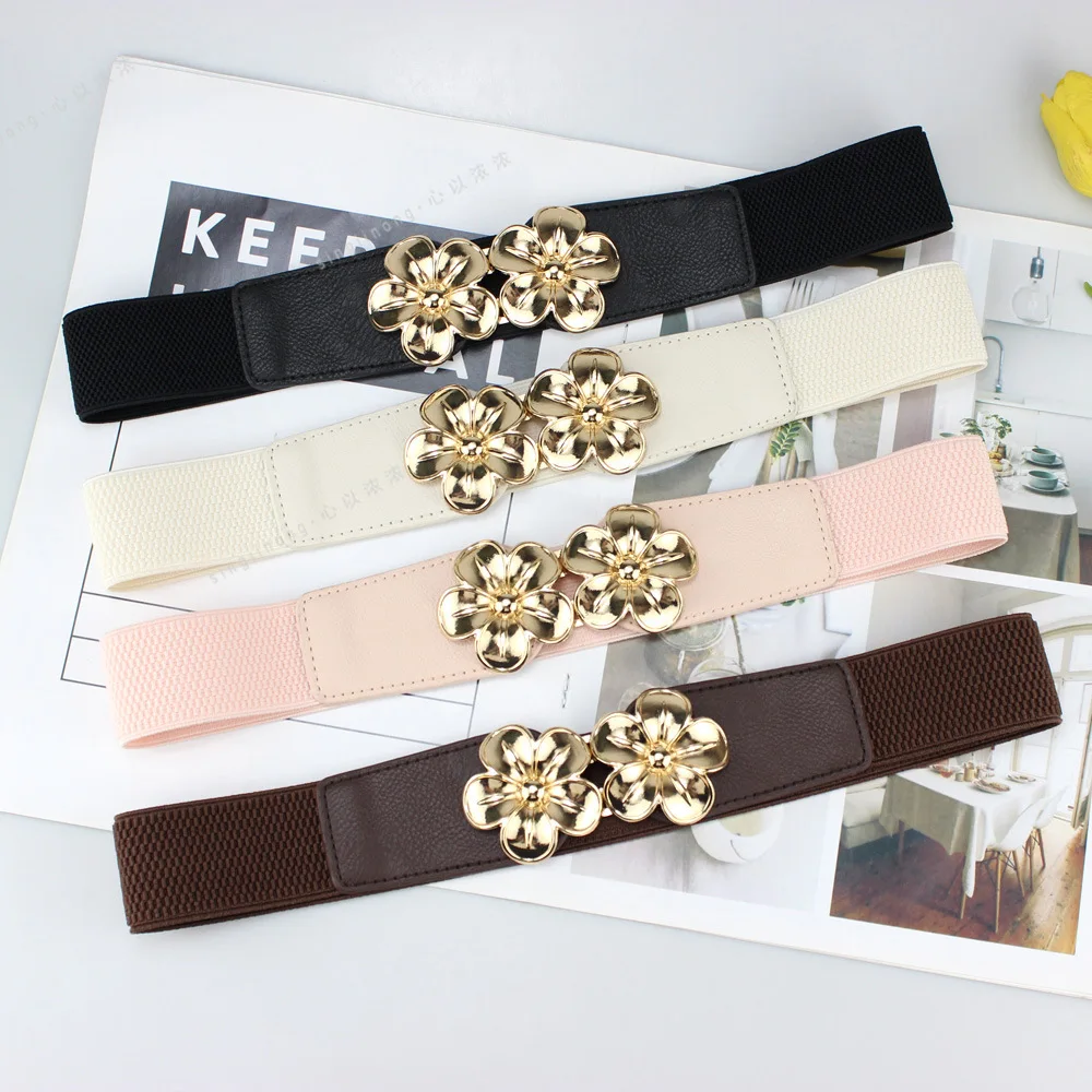 1 new gold flower elastic waist seal belt women's dress coat decorative belt pink fashion versatile