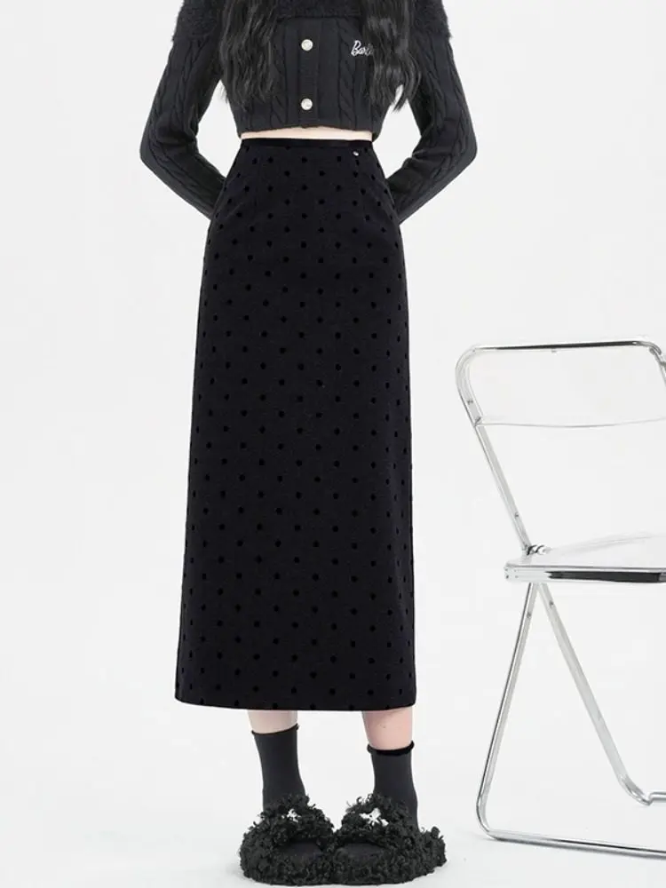 Fashion Empire Skirts 2026 Spring Autumn Pencil Skirt High Waist Bodycon Split Thick Stretch Skirt Elegant Dot Print Skirts D883