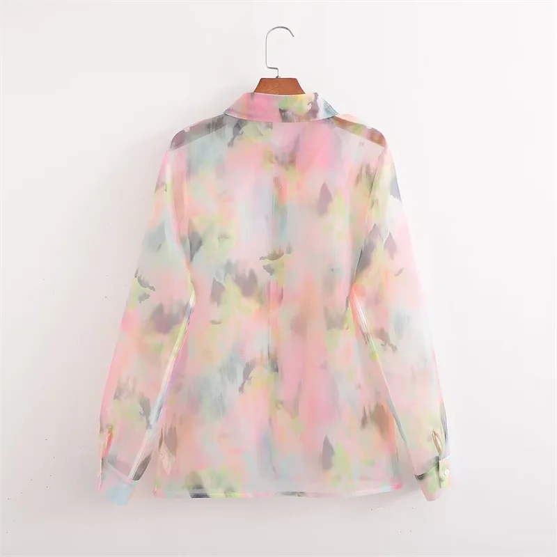 KEYANKETIAN 2024 New Launch Women's Tie Dye Printed Organza Transparent Shirt Retro style Single Breasted Loose Blouse Thin Top