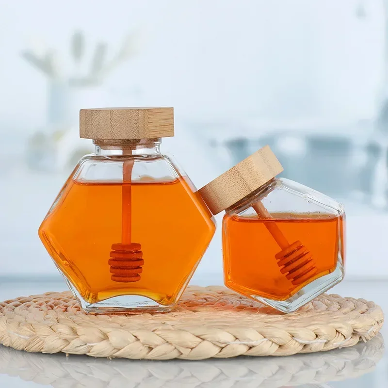 100ml/380ml Bamboo Wood Cover Hexagonal Glass Jar with Stirring Dipper Hexagon Honey Container 100ml Iron Cap Storage Bottle