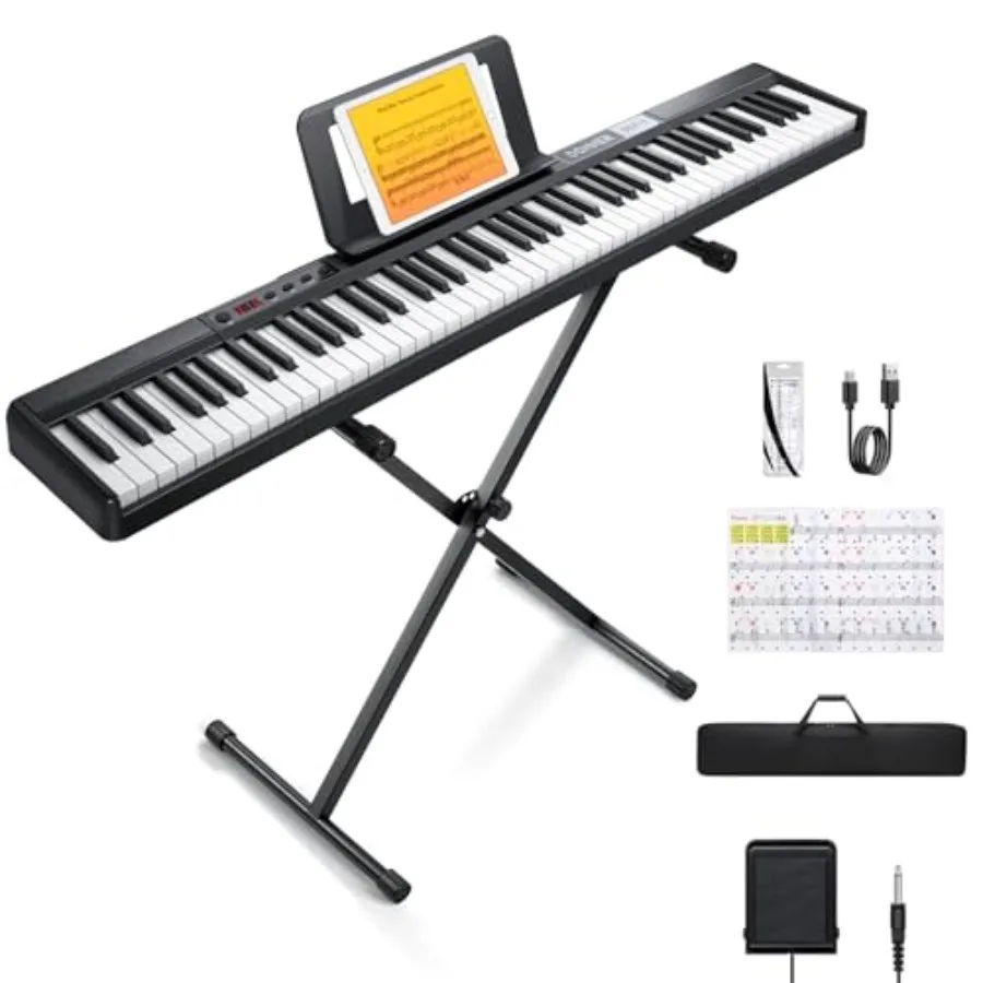 Beginner digital piano for home practice: 88-key velocity-sensitive keyboard, black finish, portable design with stand, sustain