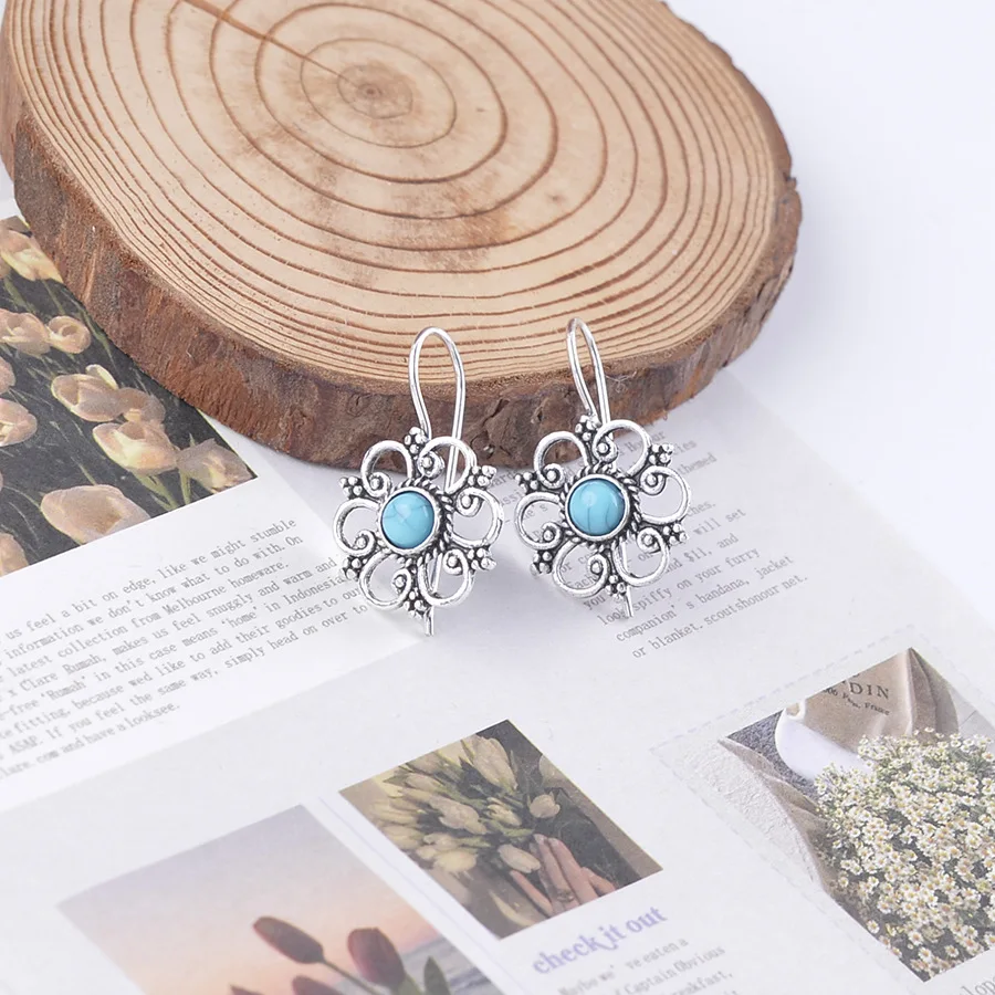 DIY accessories Vintage creative hollow petals inlaid turquoise pendant earrings versatile simple bohemian ear jewelry