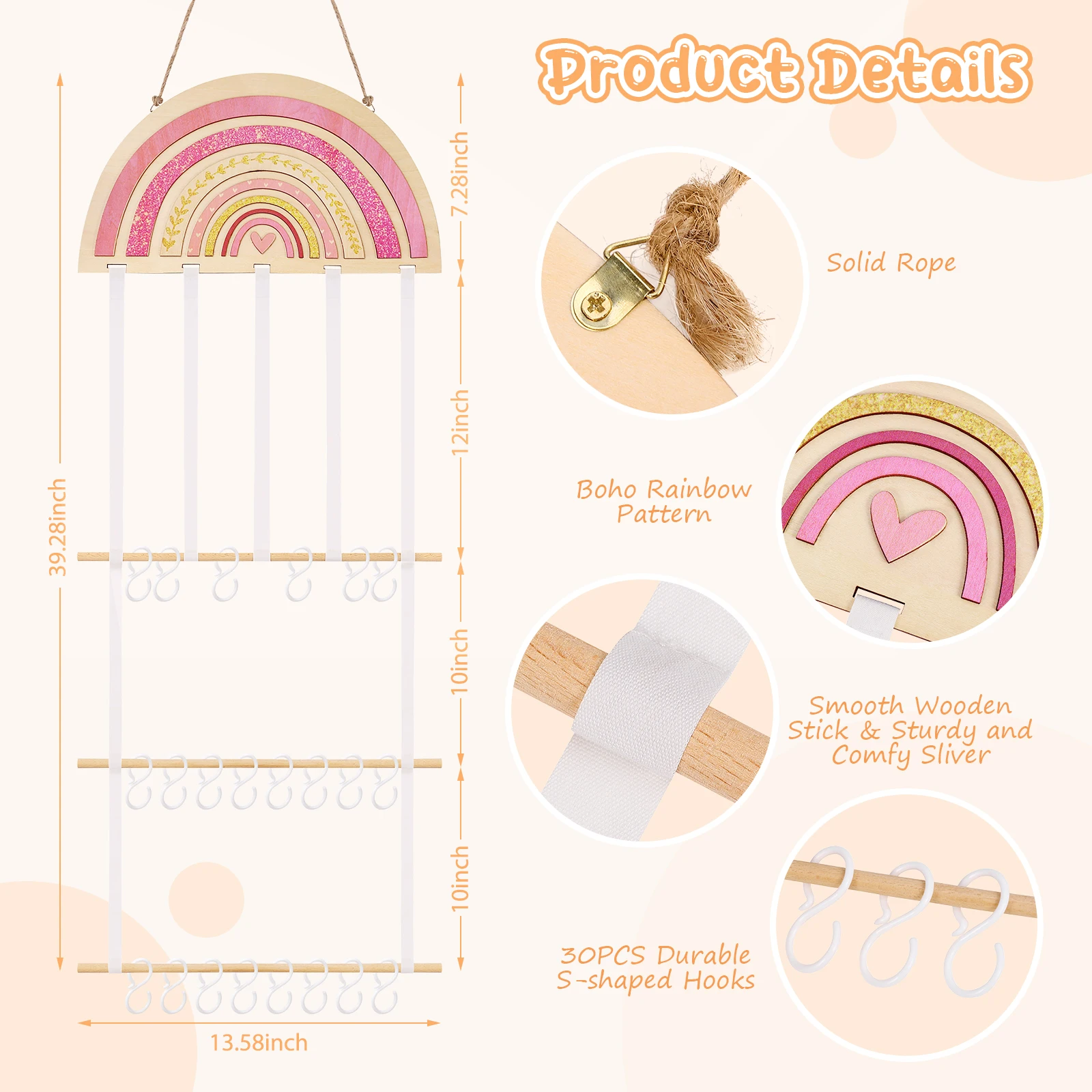 Деревянный Радужный органайзер для аксессуаров для волос с 30 крючками, настенная подвесная повязка на голову, стеллаж для детской комнаты, комнаты для маленьких девочек