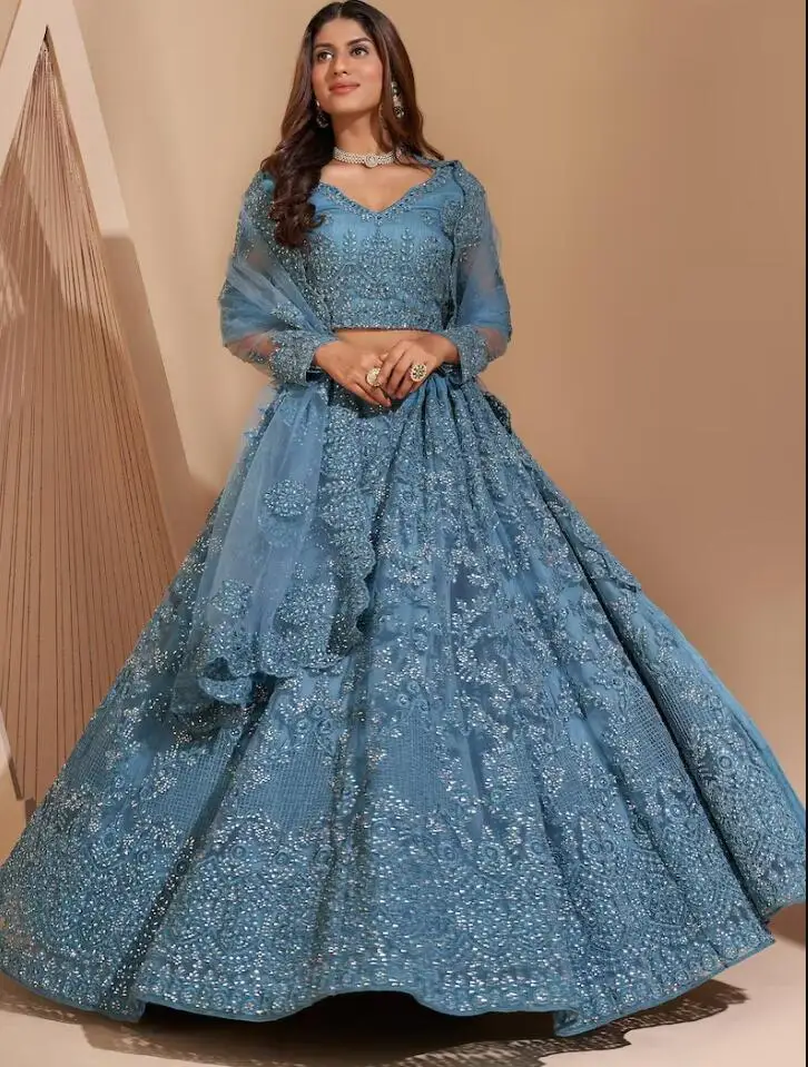 Lehenga Choli Prom Formal Dresses with Warp Pale Sky Blue Embroidered lengha Indian Princess Long Sleeve Evening Gowncustomsize