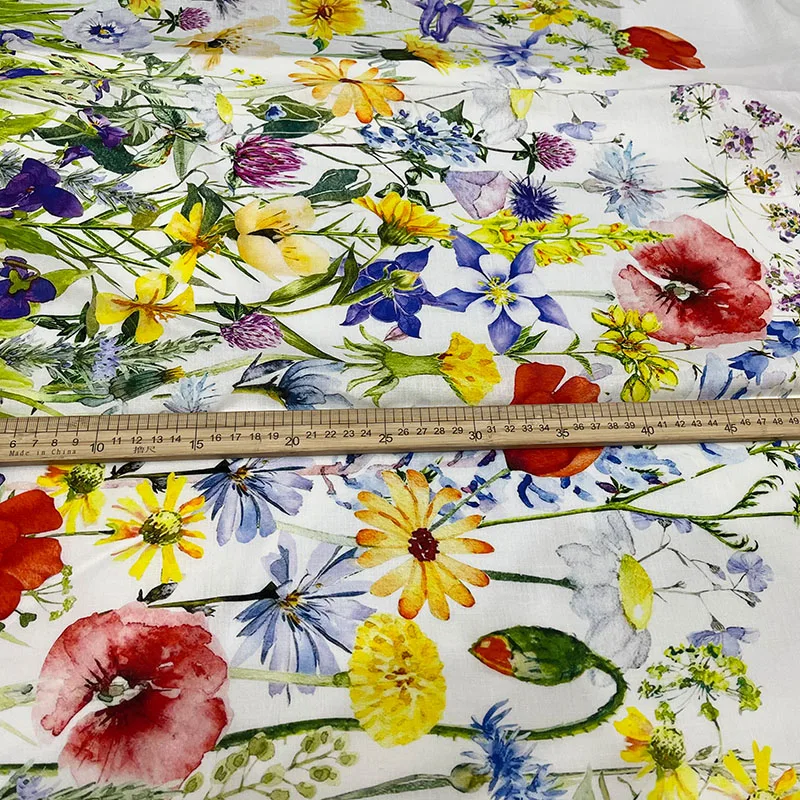 

Красочный цветочный принт из хлопка и льна для женского платья, блузка, брюки, ткань ручной работы, материал для шитья, ткань