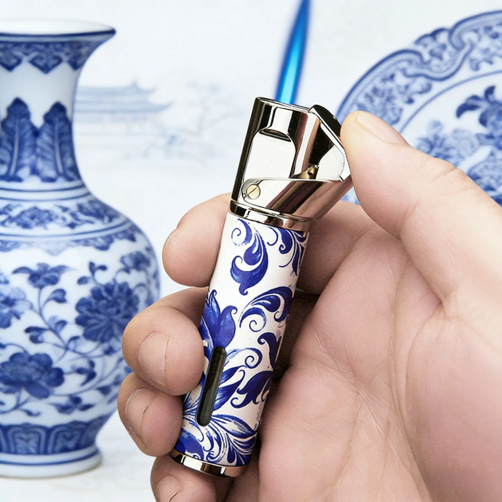 

Honest Torch Lighter Windproof Inflatable Butane Lighter Chinese Blue and White Porcelain Style Lighters in Gift Box