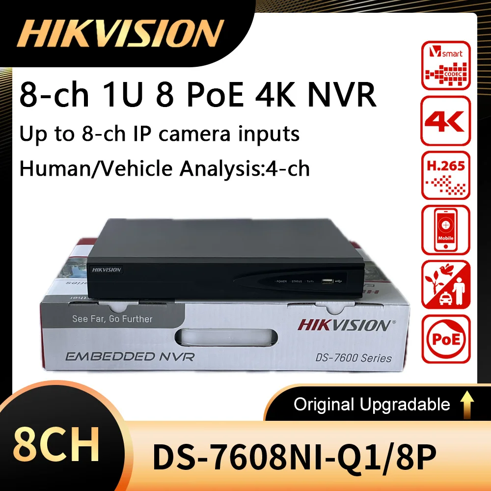 

Original Hikvision DS-7608NI-Q1/8P 8 Channel 1U 8PoE 4K NVR H.265+ Plug and Play Network Video Recorder CCTV System