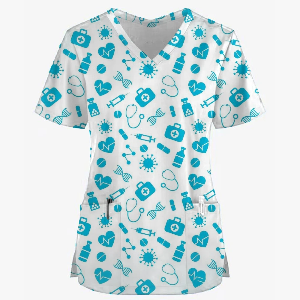 Damski mundurek pielęgniarski prosty nadruk gwiazdy 3D topy z kieszeniami w kształcie litery V mundurek medyczny fartuch chirurgiczny do karmienia topy odzież robocza