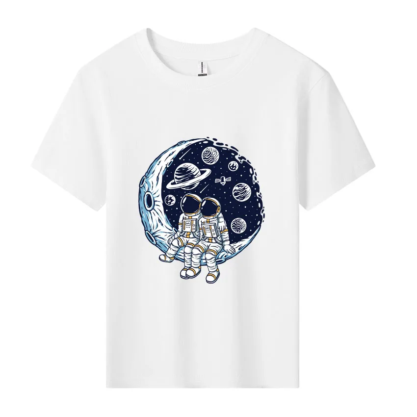 

New Designer Cartoon Clothing Boy Summer Astronauts Travel in Space Printed Clothes T-shirt Girl Casual Solid Color Tops