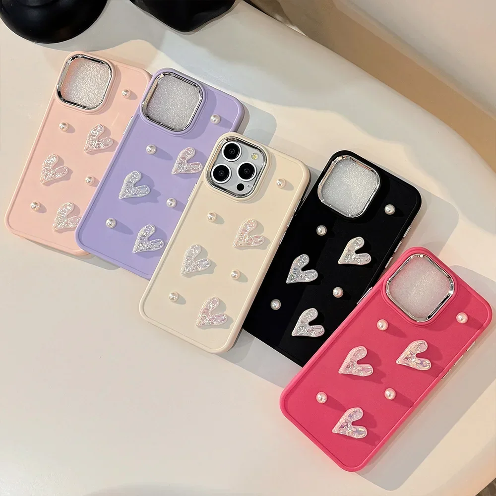 3D Pink Love Heart Pearl Phone Case for IPhone16 15 14 12 13 11 Pro ProMax Mini Plus X XR Shockproof Phone Cover