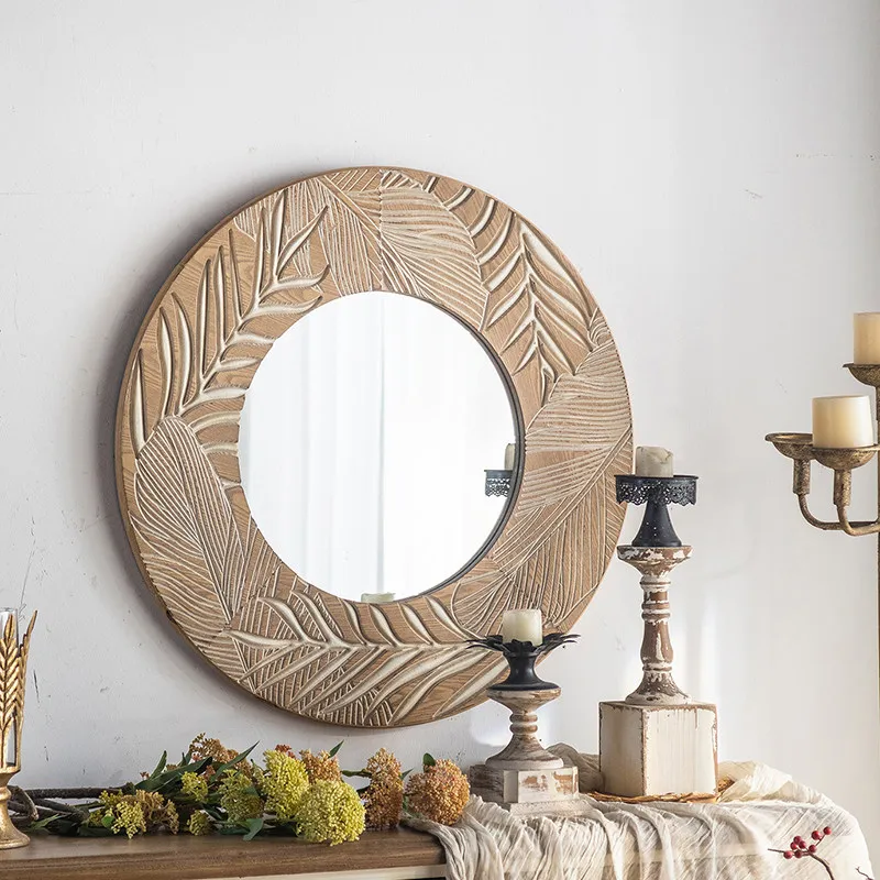 Round makeup mirror retro fitting wall-mounted vanity log old art decorative mirror carved bathroom mirror