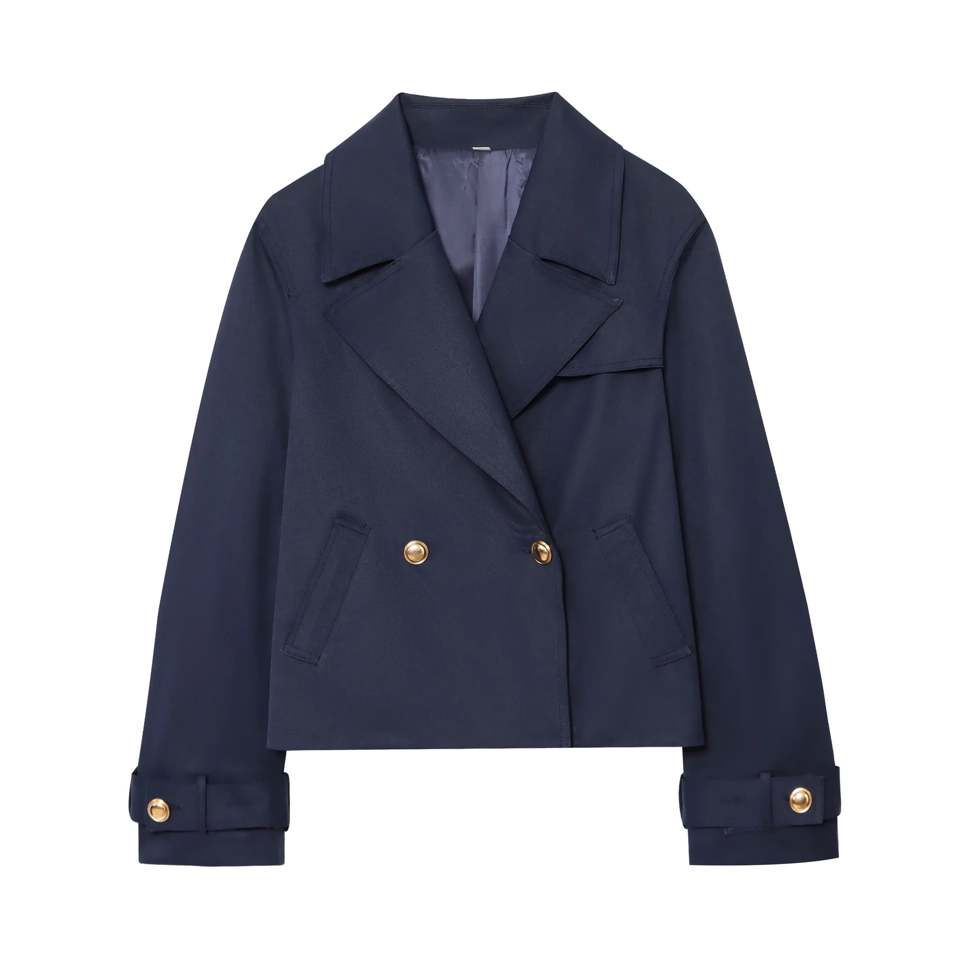 2025 New Navy Blue Large Lapel Double Breasted Metal Buttons Decoration Short Jacket Women Fashion Casual Top