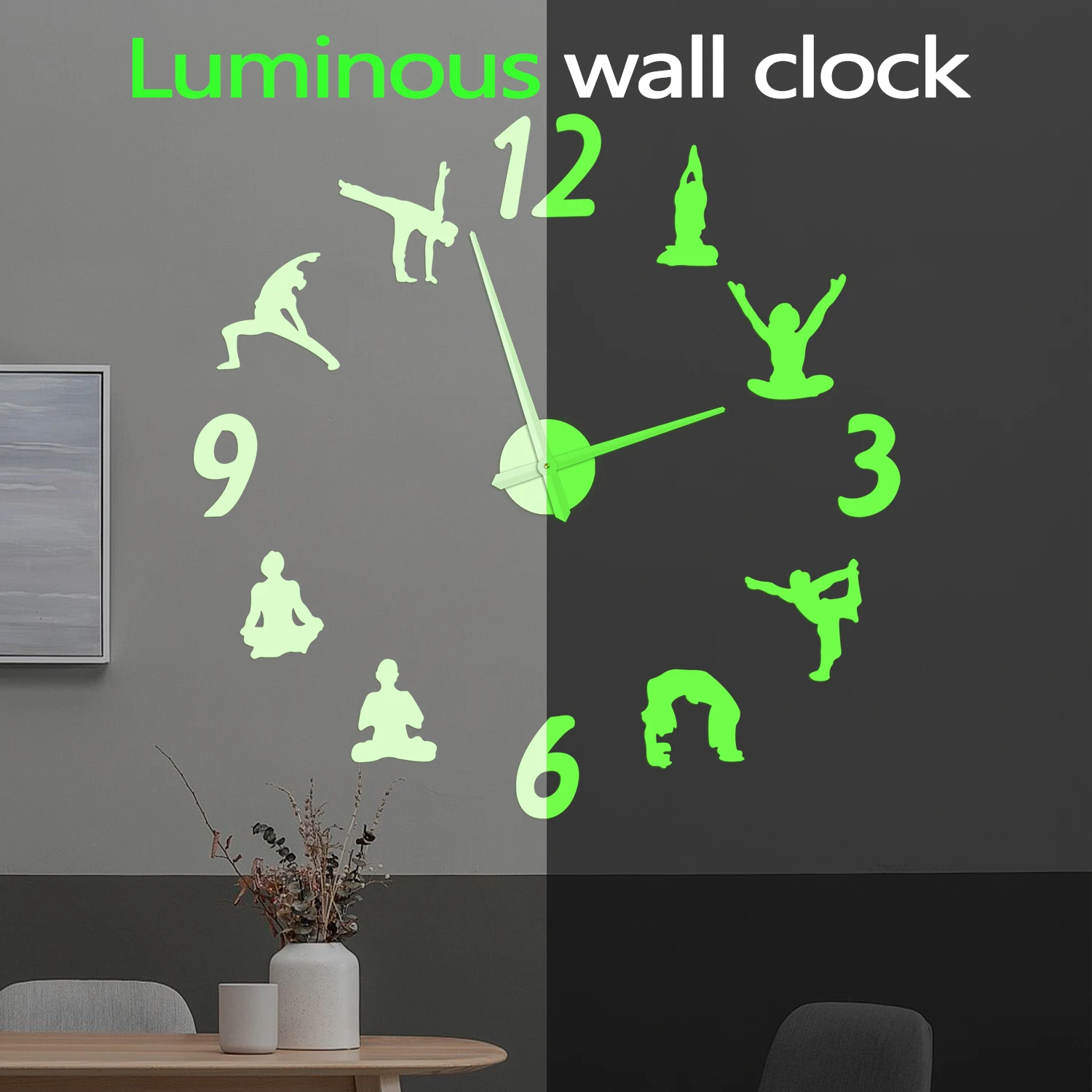 Yoga Pose Luminous Silhouette Number Stickers Glow in Dark DIY Wall Clock for Yoga Studio Fitness Room Frameless Big Wall Clock