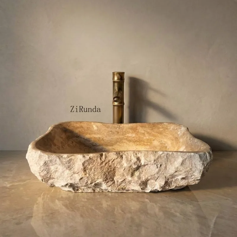 High-quality yellow stone gray bathroom sink, irregularly shaped stone sink, suitable for master bathroom decorative sinks