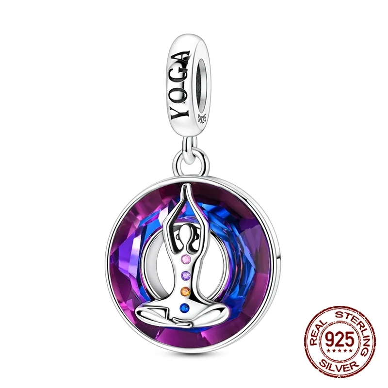 

925 Sterling Silver Yoga Dangle Charm Chakra Stones Lotus Pose Meditation Design Fit Bracelets Spiritual Yoga Lover Jewelry Gift