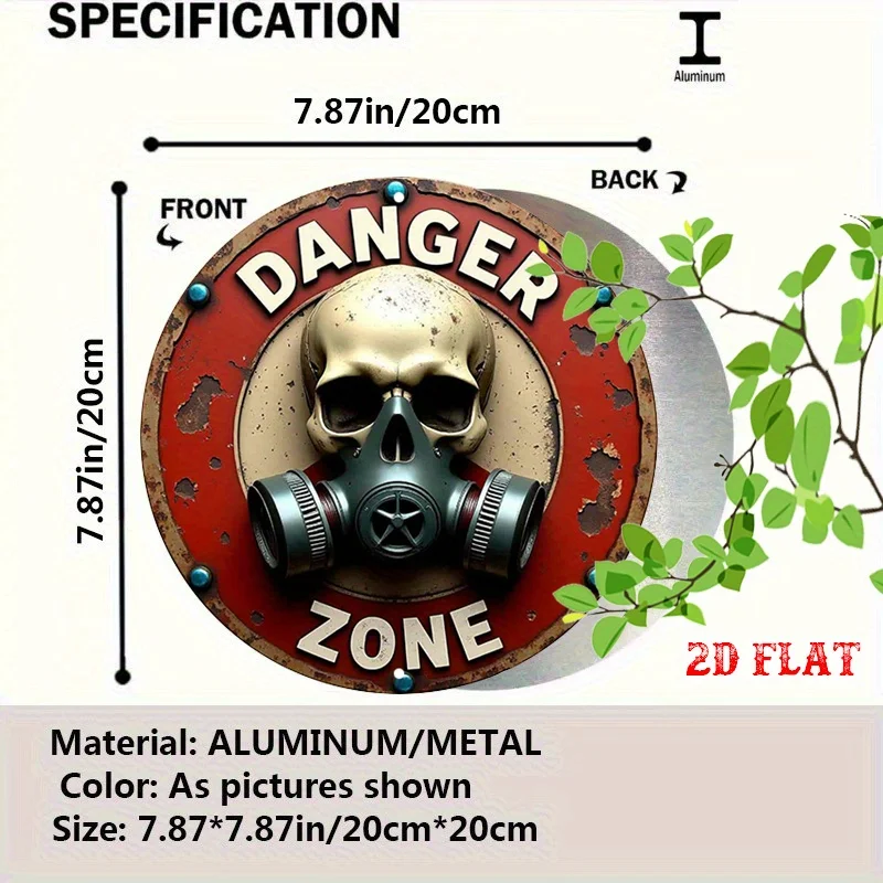 2D Flat, 1pc Vintage Danger Zone Round Aluminum Sign - Skull & Gas Mask Metal Wall Art, Rustic 7.87