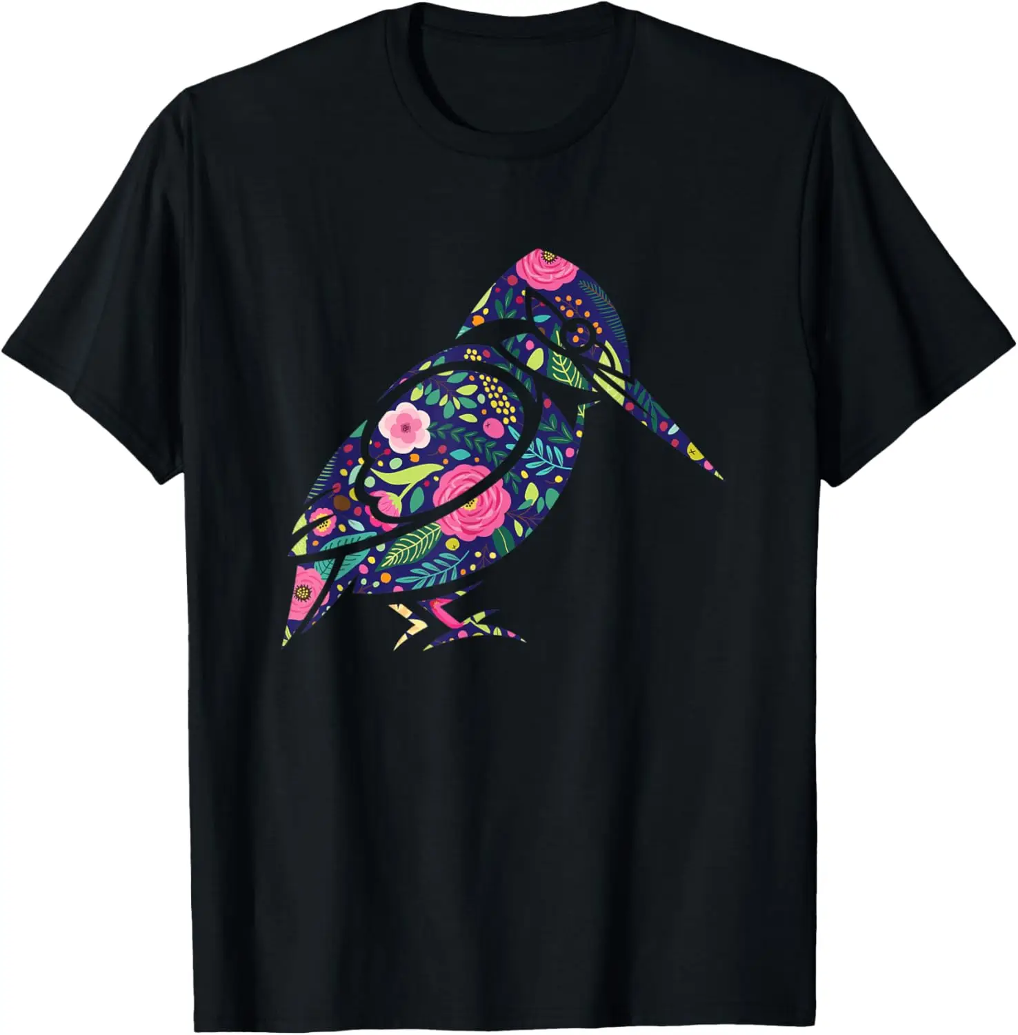 

Floral Kingfisher Bird Silhouette T-Shirt Casual Round Neck Cotton Graphic Tee for Men