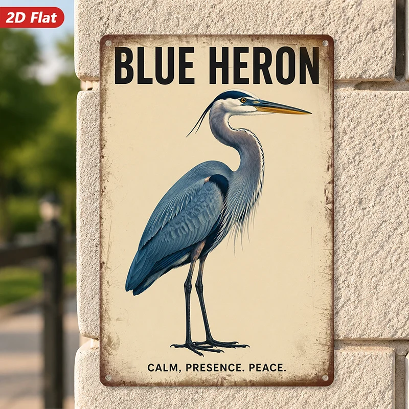 2D Flat, 1pc Blue Heron Serenity Metal Sign Wall Art, Tall Wading Bird, Long Slender Legs, Graceful Curved Neck, Home Decor, Ide