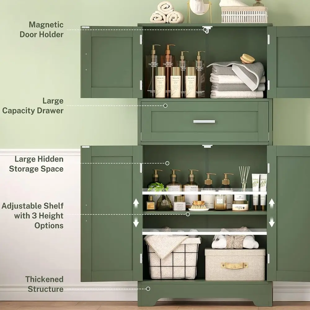 Zielona wolnostojąca szafka łazienkowa z 4 drzwiami i regulowanymi półkami do użytku domowego