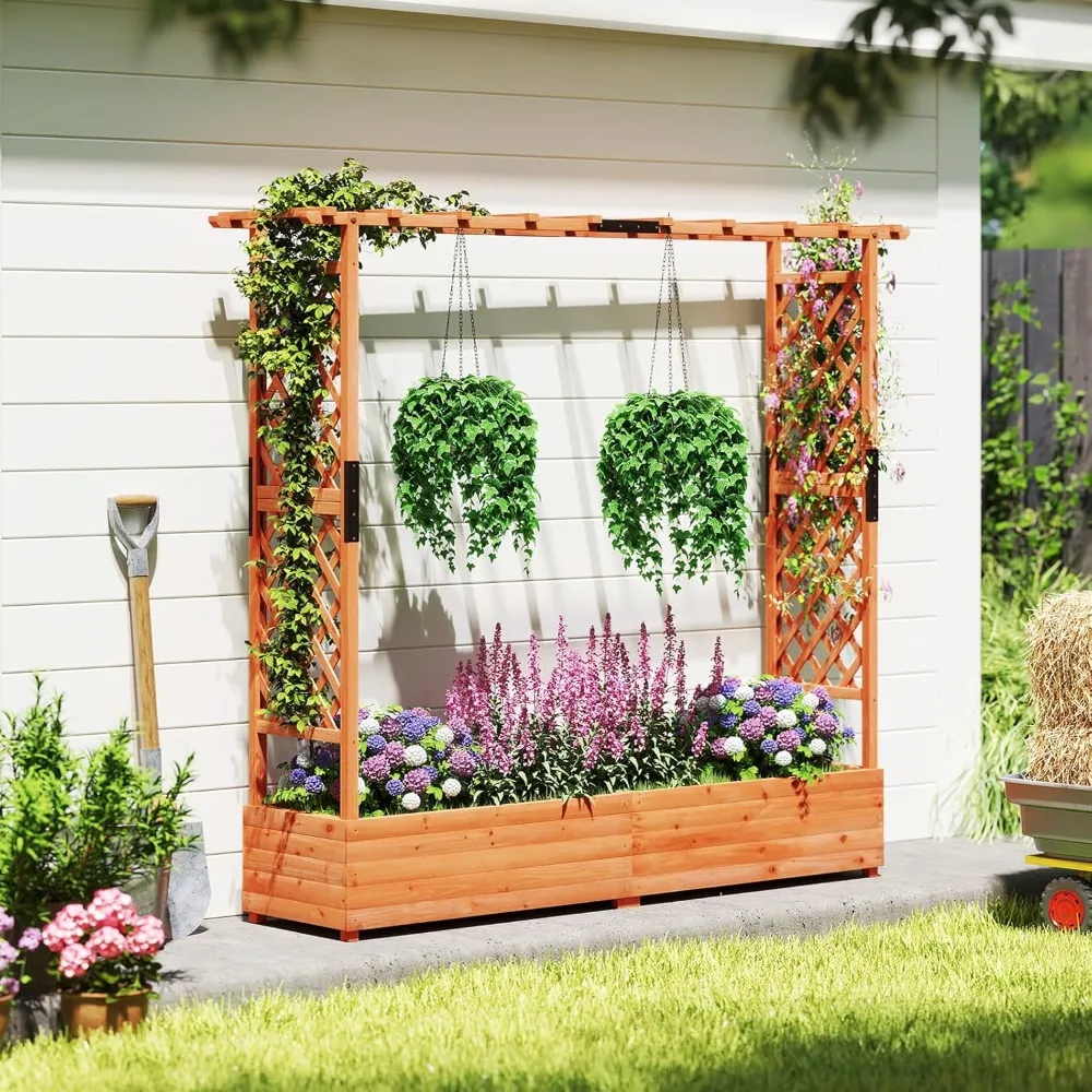 سرير حديقة مرتفع مع تعريشة، صندوق زراعة خشبي مع إطار تسلق، صندوق حديقة مرتفع خارجيًا - تصميم مبتكر #1
