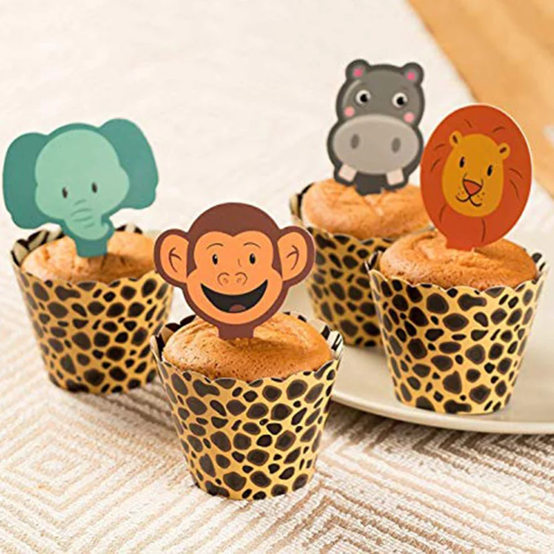 Jungle animal Cupcake Wrappers Leopard Print Safari Birthday Party Cake Decorations for Baby Shower Birthday Supplies