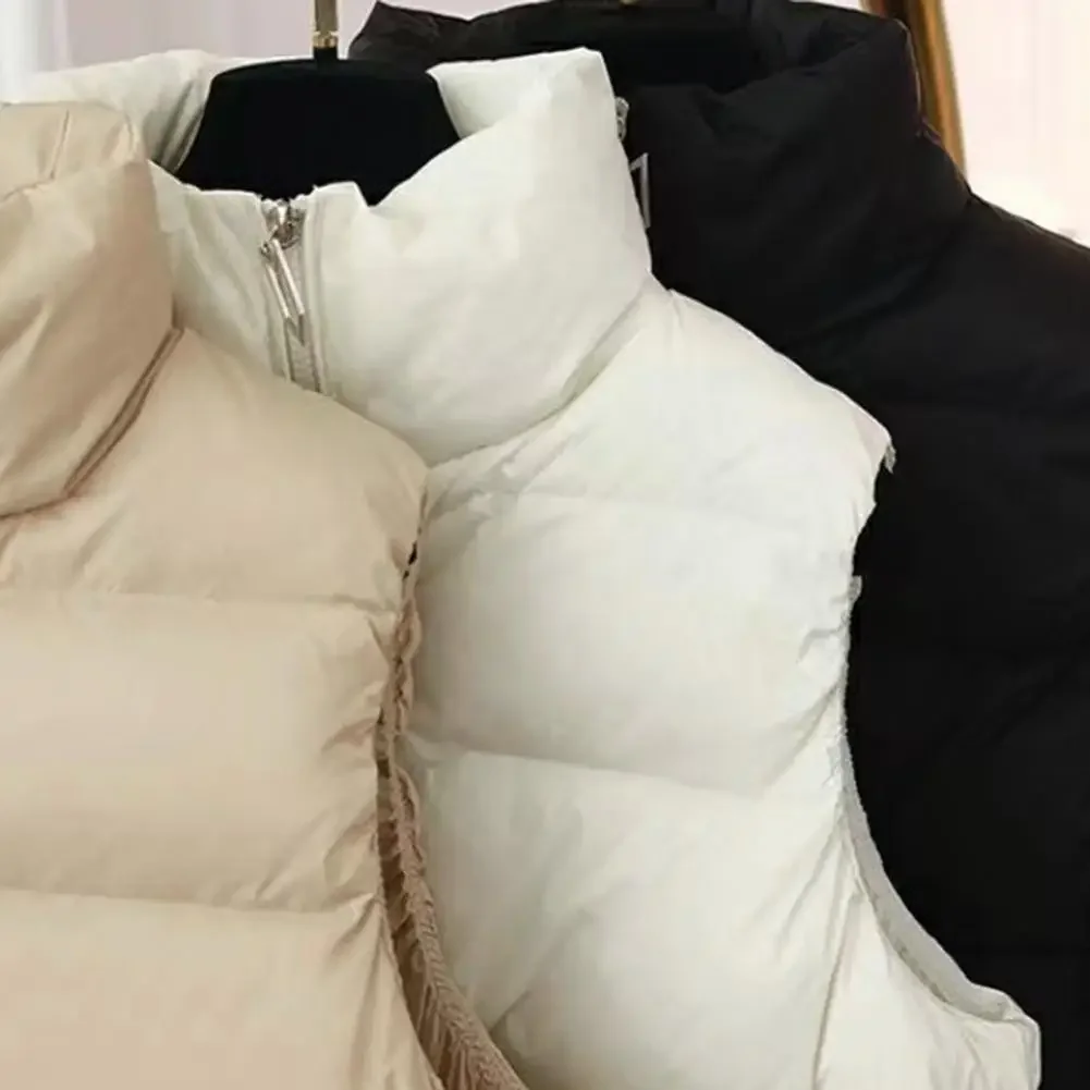 

For Daily Wear Winter Women Vest Solid Color Zip-up Sleeves Outerwear Thickened Padded Stand Collar Zipper Pockets Vest Jacket