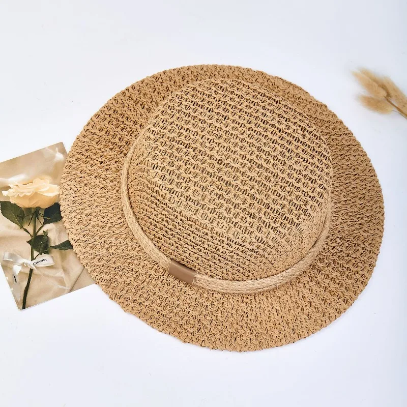 UV Protection Flat Top Straw Hat Hand Woven Hollow Out Vintage French Old Money Style Sun Protective for Women Summer Beach