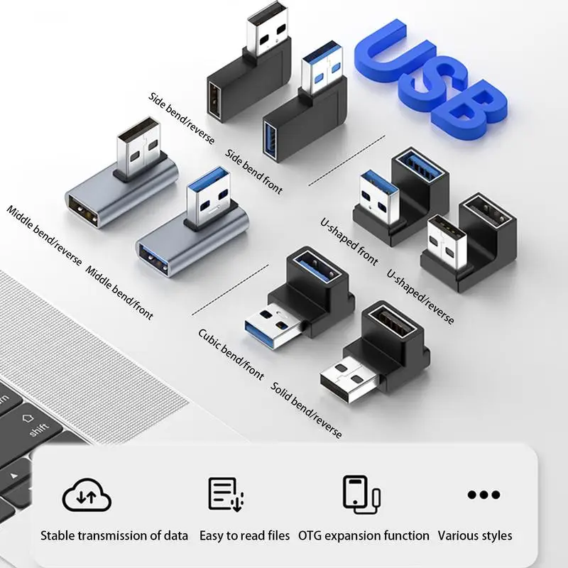 Usb Adapter Data Cable Adapter Extension Connector Elbow / U-shaped for Notebook Phone 10gbps Transmission