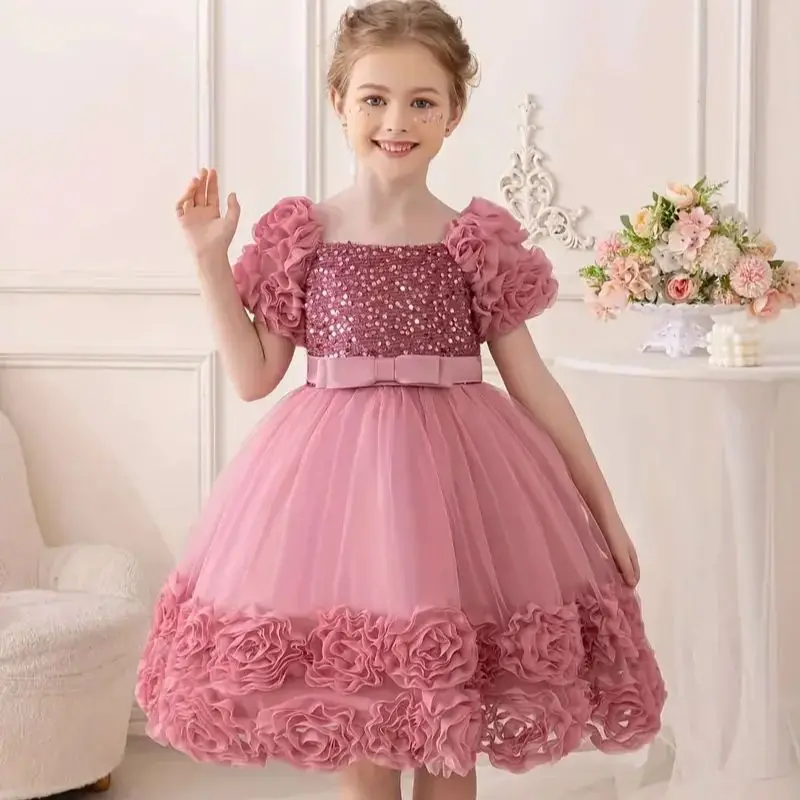 

Kids Girls Clothes Puff Sleeve Flower Princess Lace Dress For Children Formal Wedding Birthday Banquet Prom Gown 2 To 6Yrs