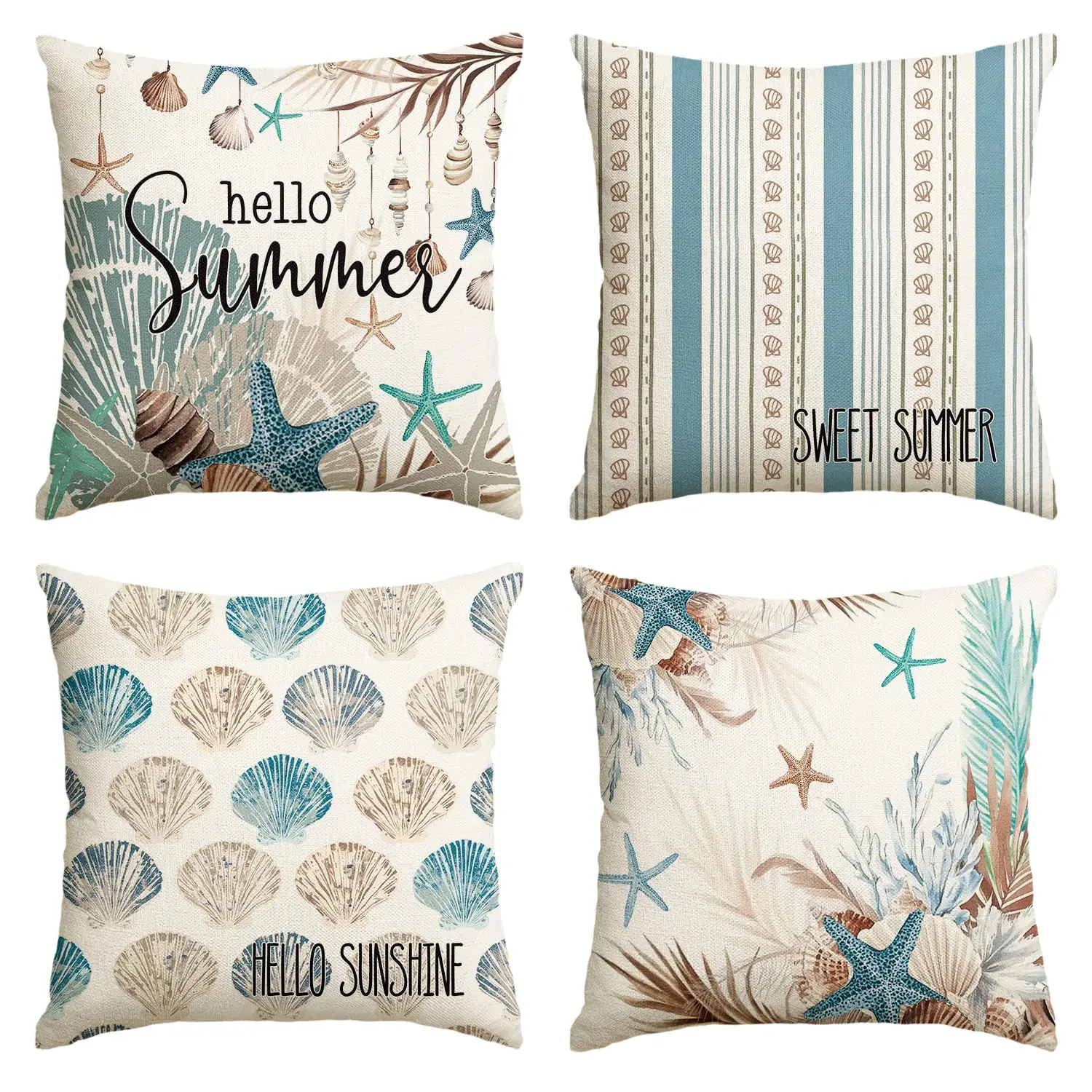 Hello Summer Shell Starfish Throw Pillow Covers,18x18''Hello Sunshine Sweet Summer Ocean Sea Coral Cushion Case Decor Set of 4