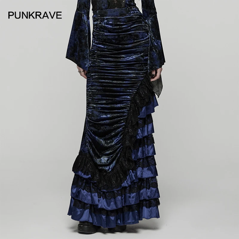PUNK RAVE Women's Gothic Victorian Tie-dyed Velvet  Asymmetrical Patchwork Gorgeous Skirt 3D Pleating Party Long Skirts 3 Colors