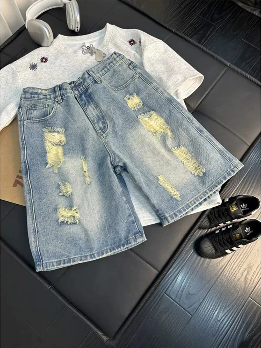 Vintage American Style Men's Short Jeans Summer Thin Destruction Five-Point Pants CleanFit  Pants Breathable Cotton Poly...