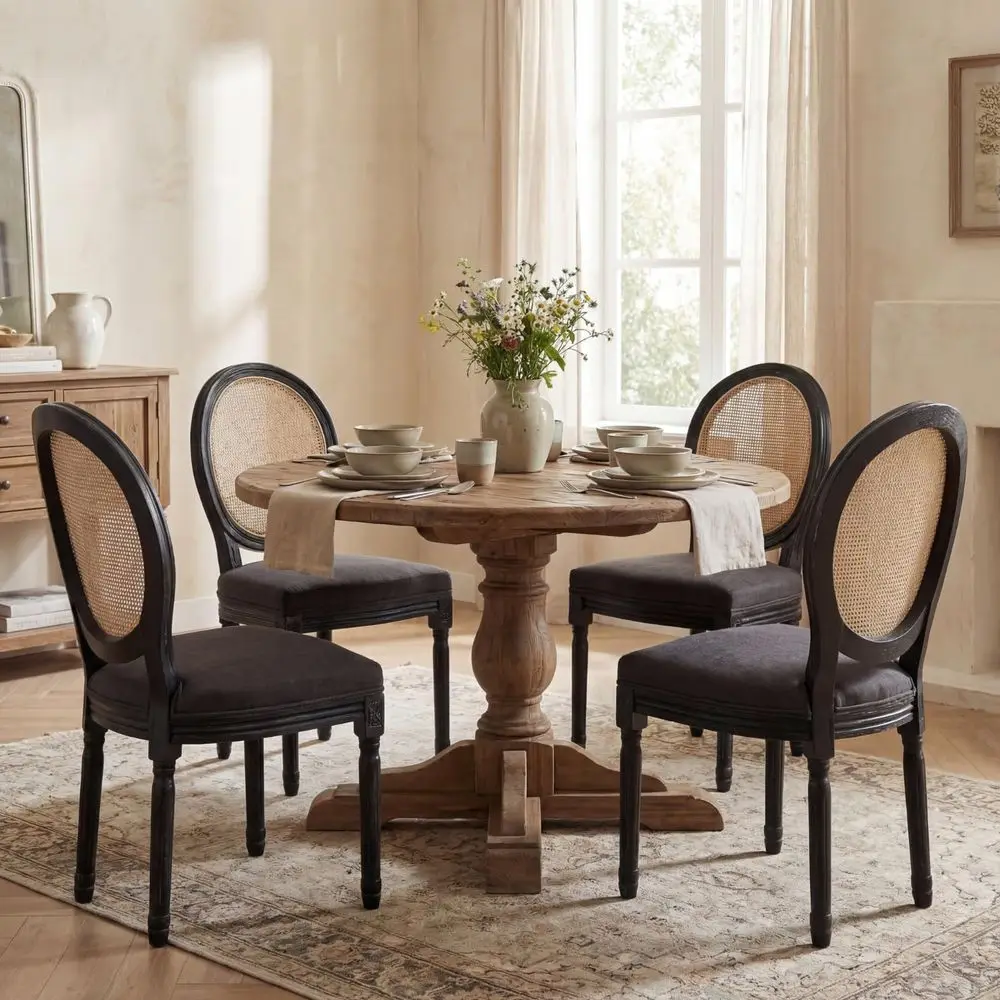 

Dining Chairs Set of 4, Linen Upholstered French Country Vintage Dining Chairs with Round Rattan Back, Antique Dining Room Chai