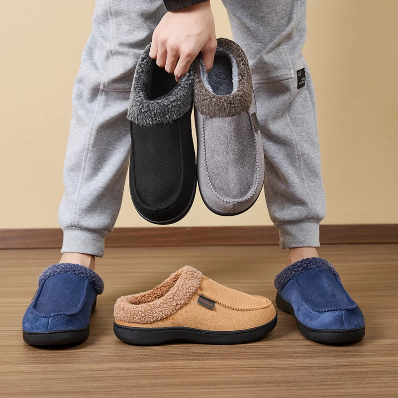 

Мужские замшевые домашние хлопковые тапочки TPR с нескользящей подошвой, зимние прочные мягкие теплые подушки из пены с эффектом памяти, удобная обувь для гостиной