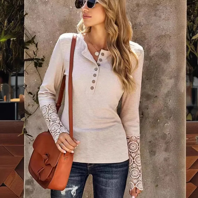 

women's clothing round neck long sleeved T-shirt with patchwork lace sleeves casual solid color top daily outdoor streetwear