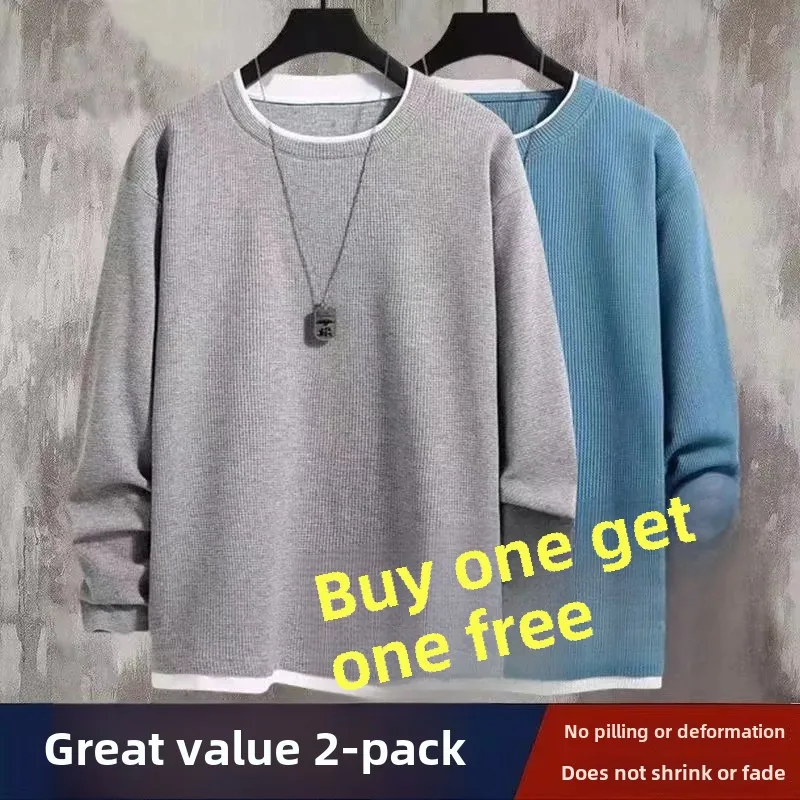 Two-Piece Illusionwalf Checks Long Sleeve Sweatshirt T-Shirt Men Women Spring Autumn Solid Color Plus Size Base Layer Top Loose-