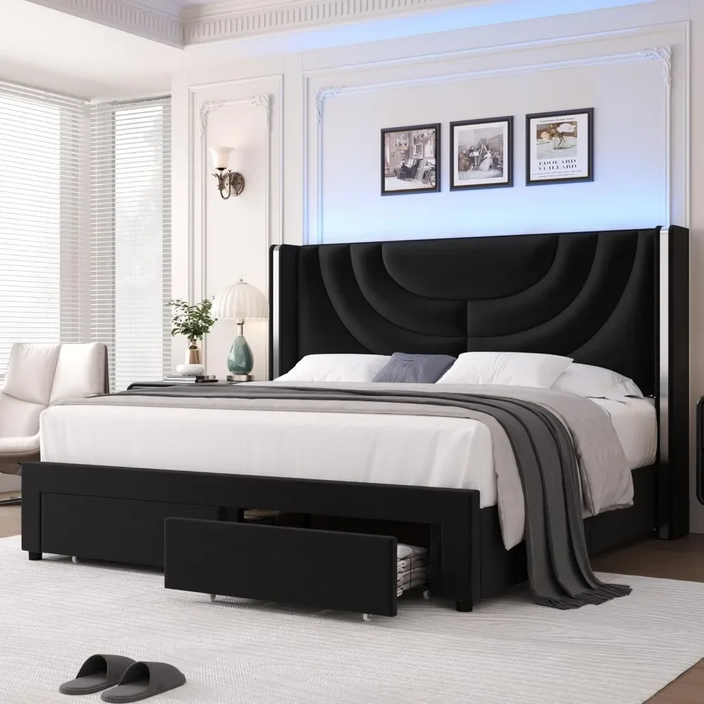 King-Estofados LED Cama Quadro, 2 Gavetas De Armazenamento, Plataforma De Veludo, Wingback Cabeceira, Sólida Suporte De Slats De Madeira