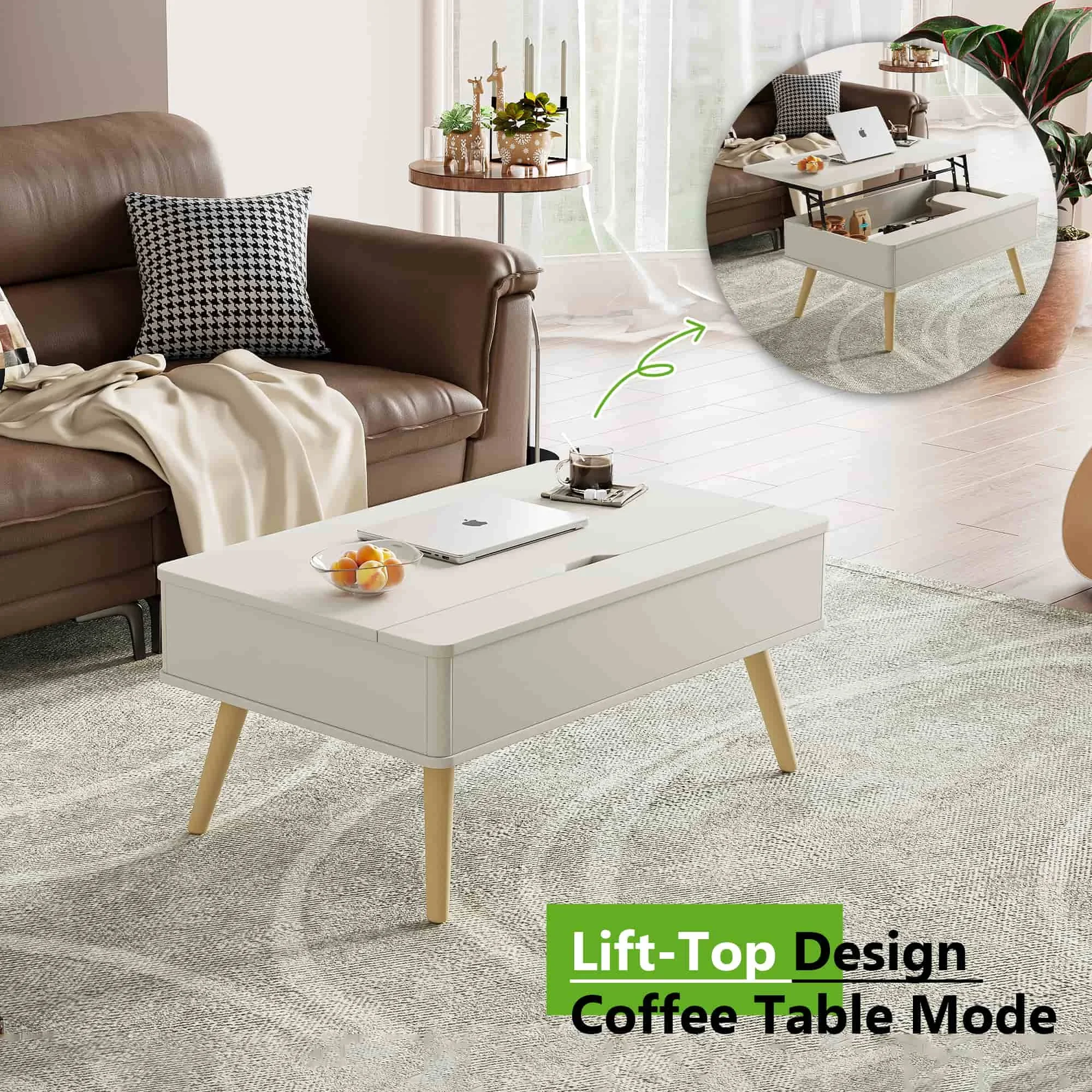 White Coffee Table Multifunctional Living Room Storage Furniture, Elegant Design Lift Top Center Table for Small Spaces