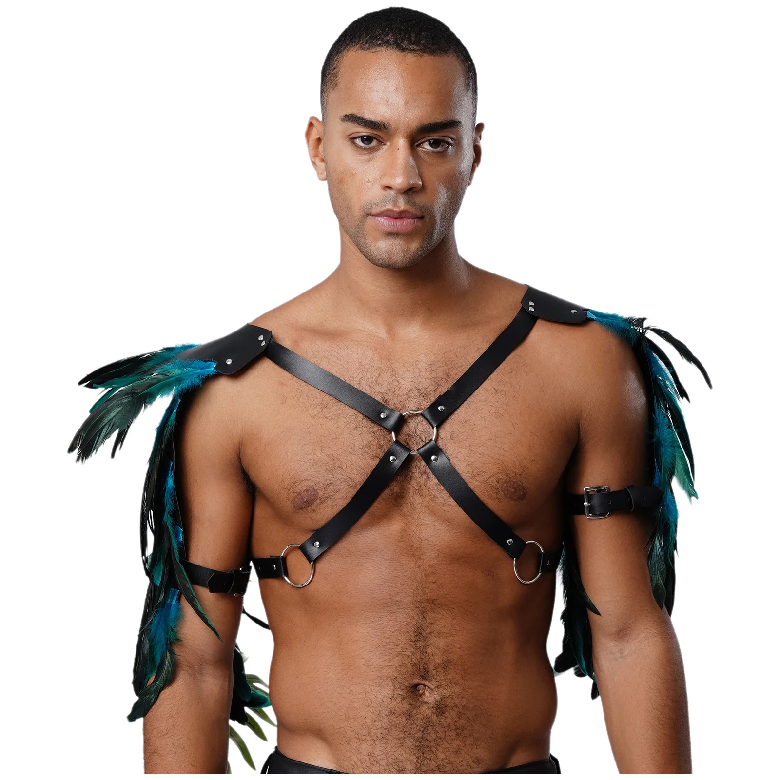 Armure d'épaule en plumes pour hommes, Punk médiéval, Rivets en cuir PU, joint torique, sangle de poitrine gothique Viking, harnais, accessoire de Cosplay d'halloween