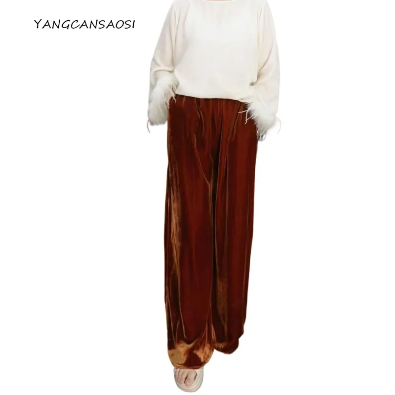 

Autumn/Winter Fashion New Brown 30% Natural Mulberry Silk Velvet Retro High Waist Loose and Versatile Hanging Straight Leg Pants