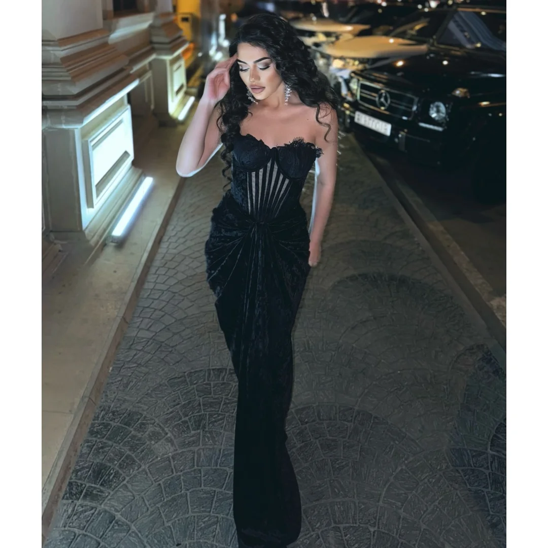 

Mermaid Evening Dresses Woman Bustier Corset Velour Prom Dress Pleat Lace Wedding Party Gown Customized