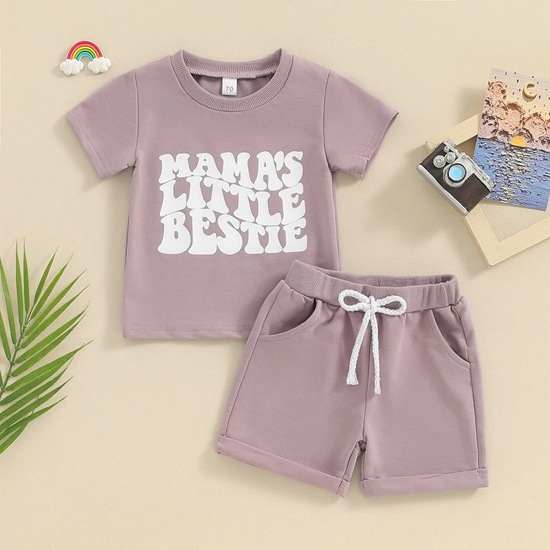 

Toddler Girl Summer Clothes Letter Print Short Sleeve Round Neck T-Shirt with Solid Color Shorts 2 Pcs Outfit