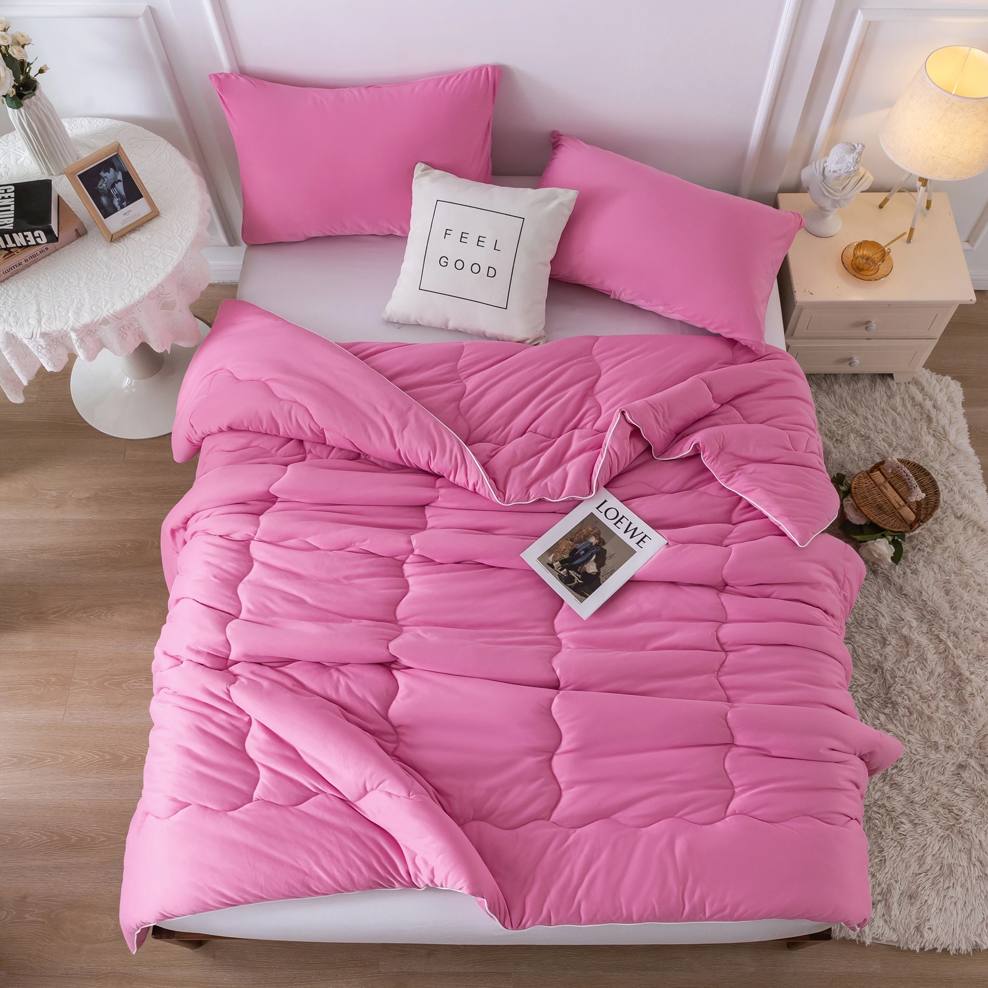 

Rose pink Jersey Knit Cotton Lightweight and warm Bedding1 Down Alternative with 2 Pillowcase Use California King Size