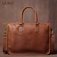 GURO Vintage Genuine Leather Handbag Men's Executive Briefcase Crazy Horse Cowhide Shoulder Bag Business Laptop Crossbody Bags