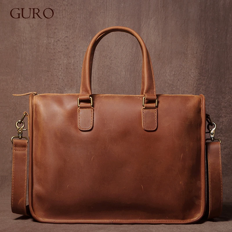 GURO Vintage Genuine Leather Handbag Men's Executive Briefcase Crazy Horse Cowhide Shoulder Bag Business Laptop Crossbody Bags