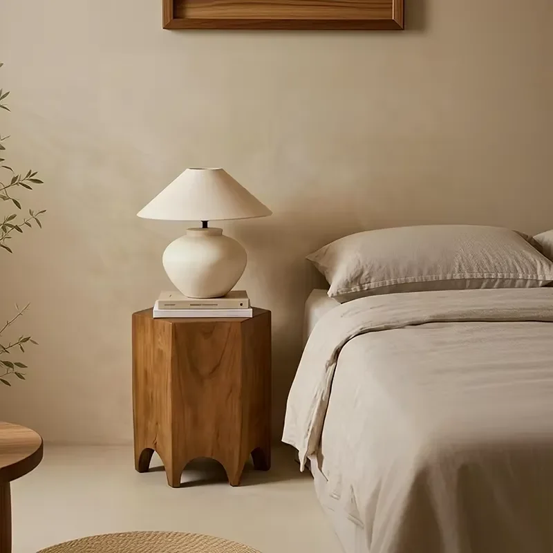 Modern Hexagonal Solid Wood Side Table Minimalist Wooden End Table with Arched Base for Living Room Decor