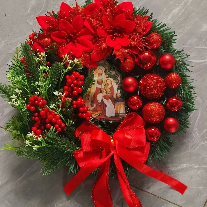 40 cm Weihnachtskranz mit Laterne, Haustürgirlande mit großer Schleife, saisonale Verzierung, Weihnachtsdekoration für Haustürwand – Detail 1